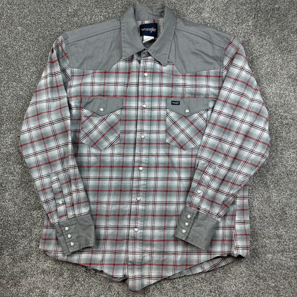 Vintage Wrangler Western Shirt‎ Mens XL Gray Pearl Snap Brushpopper Ranch Plaid